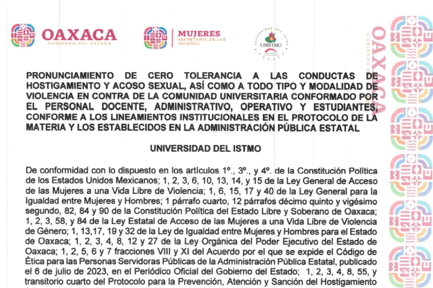 Pronunciamiento Cero Tolerancia UNISTMO